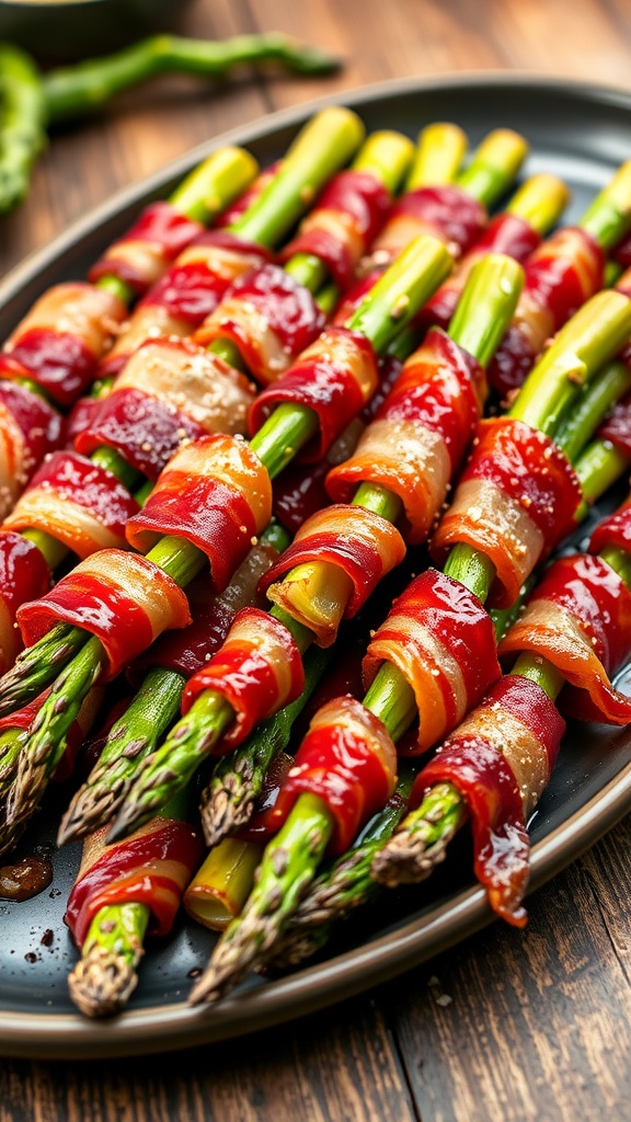 A platter of crispy bacon-wrapped asparagus, garnished and ready to serve.